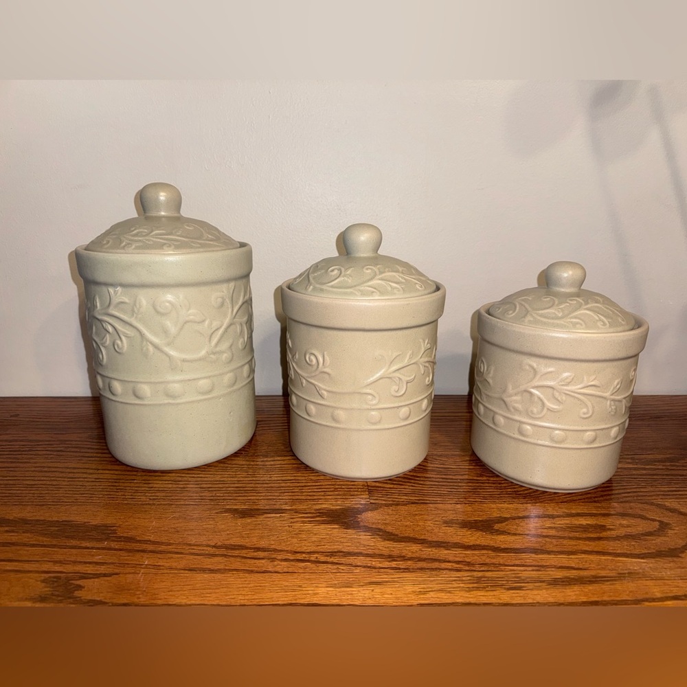 Set of Three Cream Ceramic Canisters